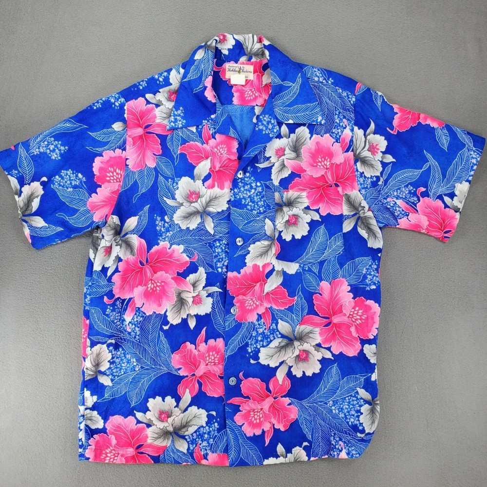 Hukilau Fashion Hawaiian Shirt Men L/XL Blue Pink Floral Hibiscus Aloha Tropical